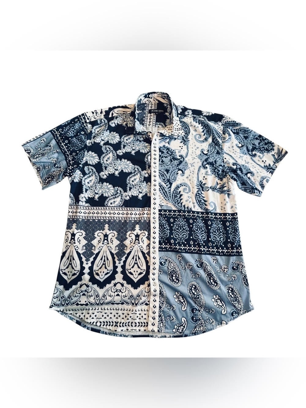 Stacy Adams Blue and White Patchwork Paisley Short-Sleeve Button-Up Shirt
